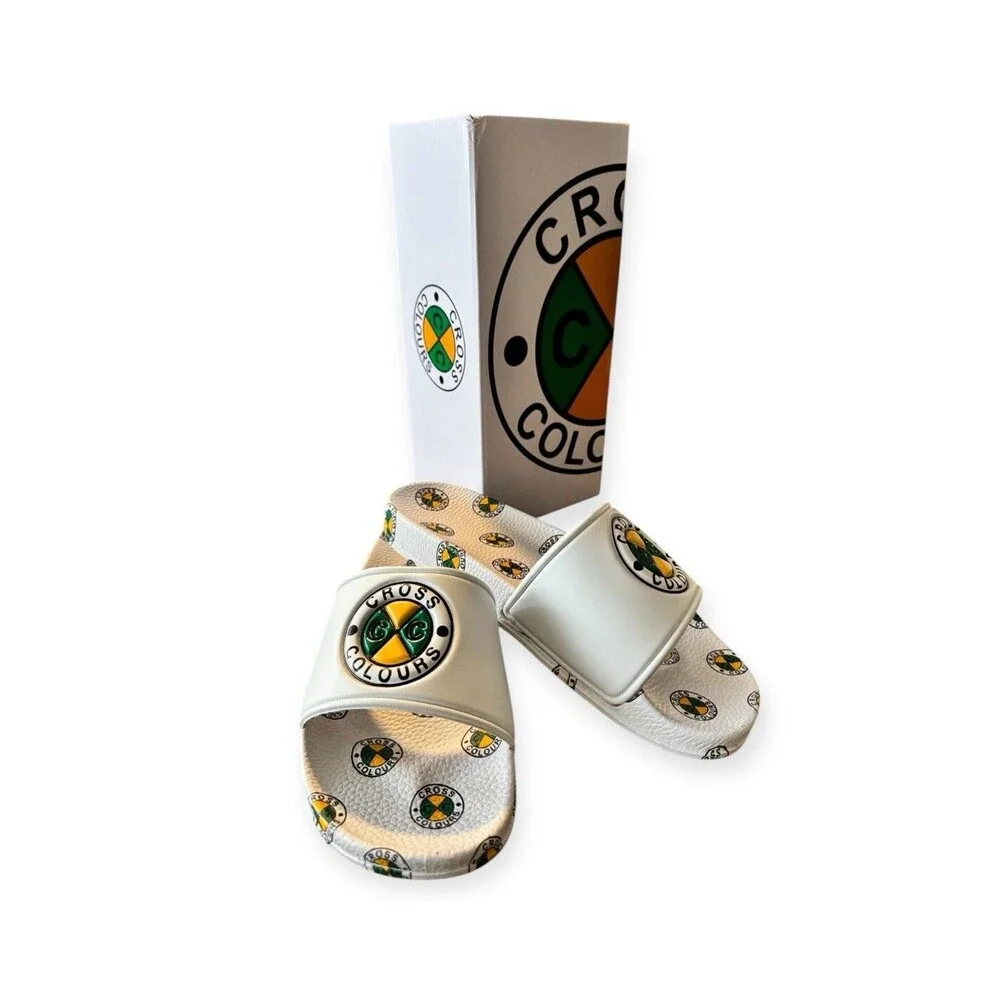 NWT Cross Colours Original Legacy White Circle Logo Slides WMs 9 Urban Hip Hop